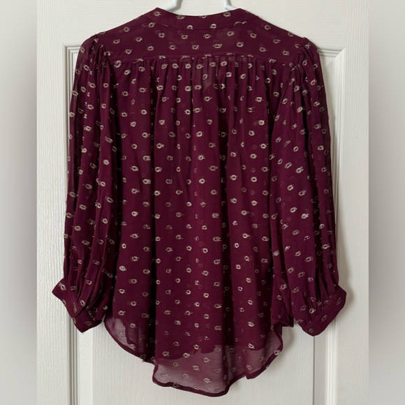 Moulinette Soeurs by Anthropologie Allegra Blouse Burgundy with Gold Foil - Picture 6 of 9
